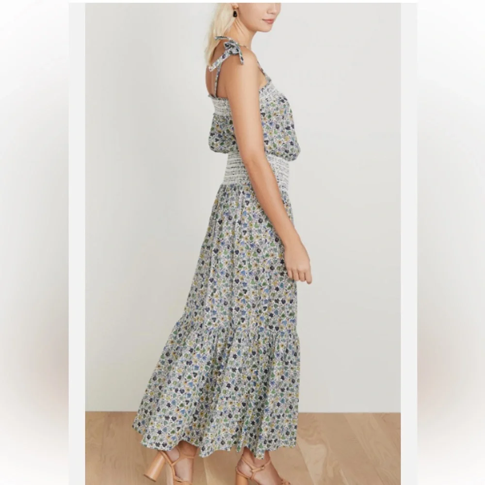 New Tory Burch Smocked Blue Floral Tie Shoulder Maxi Resort Beach Sun Dress M